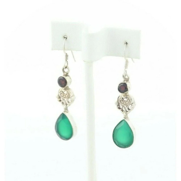 Sterling Silver Garnet and Green Onyx Dangle Drop Earrings - Picture 6 of 7
